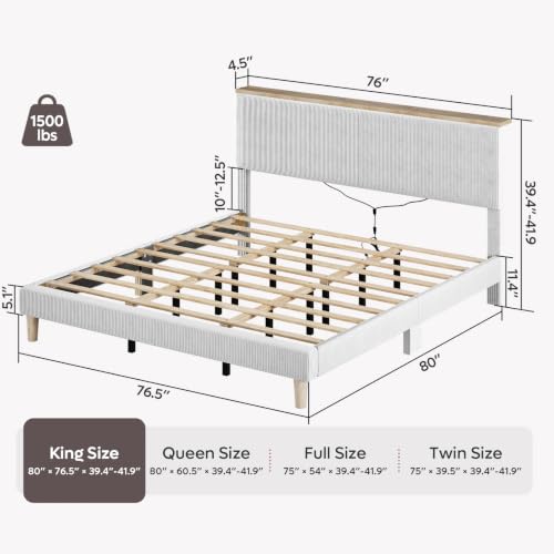 Image of Bestier King Bed Frame with Storage Headboard & LED, Light Grey