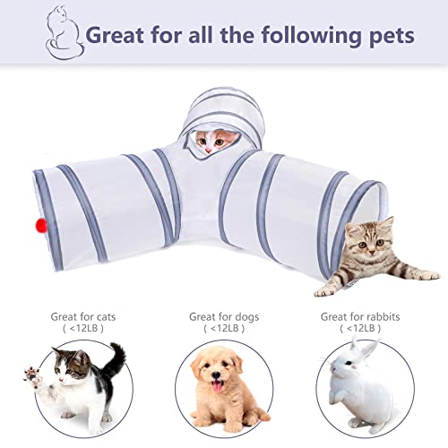 Image of Cat Tunnel, Collapsible Tube with 1 Play Ball Toys, 3 Ways Tunnels for Indoor Cats, Puppy, Kitty, Kitten, Rabbit (White and Gray)