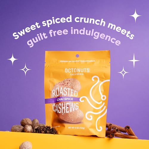 Image of Octonuts Chai Spice Cashews - Roasted in Almond Oil (5oz) Sweet Cinnamon & Spice Plant Based Protein - Healthy Snack for Adults & Kids - Vegan, Gluten Free & Non-GMO Verified