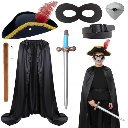 Soireeparty Highwayman Costume Fancy Dress Set Kids Black Cape Kit with Tricorn Hat Feather Eye Mask Belt Cosplay Accessories for World Book Day Party