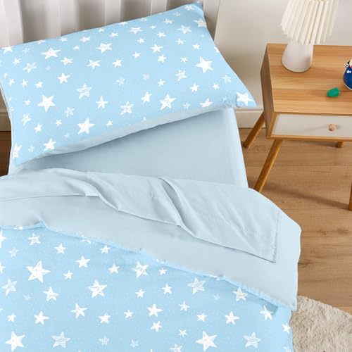 Image of Wake In Cloud - Toddler Bedding Set for Boys Girls, Cute Star Polka Dot, 4 Pieces Soft Crib Bed Set Including Comforter, Sheets and Pillowcase, Sky Blue