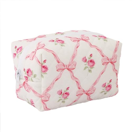 FITINI Makeup Bag Travel Large Portable Quilted Floral Print Cosmetic Organizer Cute Pouch for Women Soft Cotton Zipper Waterproof Toiletry Storage Bags,Pink