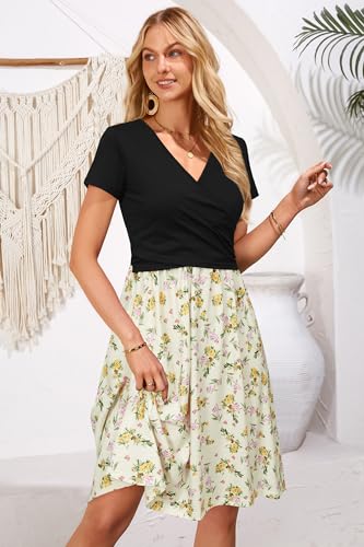 Image of OUGES Maternity Nursing Dress Breastfeeding Short Sleeve V Neck Casual Pregnancy Clothes with Pockets