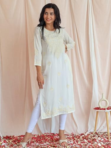 Image of Libas Womens Embroidered Viscose Straight Kurta for Women | Ethnic wear | Bridal Suit | Wedding Dress | Occasion wear