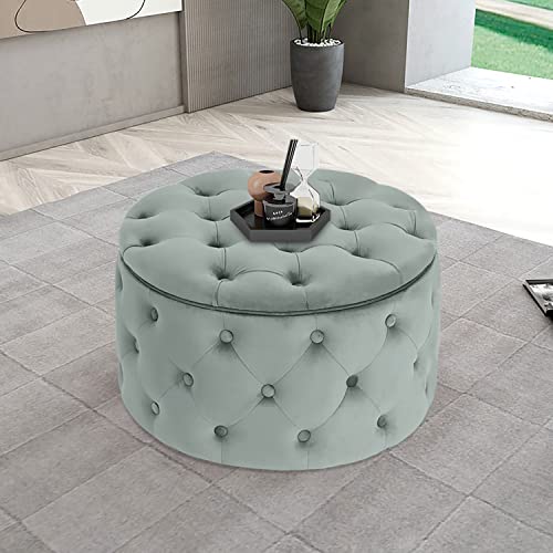 Homebeez Round Velvet Storage Ottoman, Button Tufted Footrest Stool Coffee Table For Living Room,24.8" L X 24.8" W X 15.4" H,Light Grey #TOP1