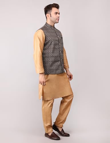 Image of Men's Cotton Silk Blend Regular Kurta Pyjama, Embroidered Nehru Jacket /Waistcoat Set