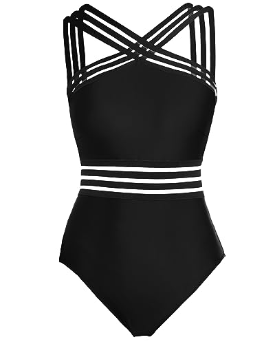 Tempt Me Women Black Crisscross One Piece Swimsuits Mesh Tummy Control Bathing Suits Front Crossover Swimwear Xl #TOP4