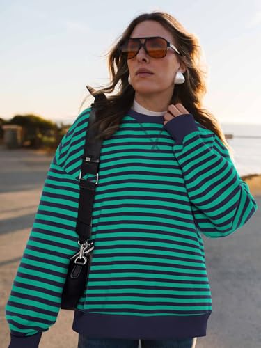 Image of PRETTYGARDEN Womens Striped Oversized Sweatshirt Color Block Crew Neck Long Sleeve Casual Loose Pullover Top Y2K Clothes