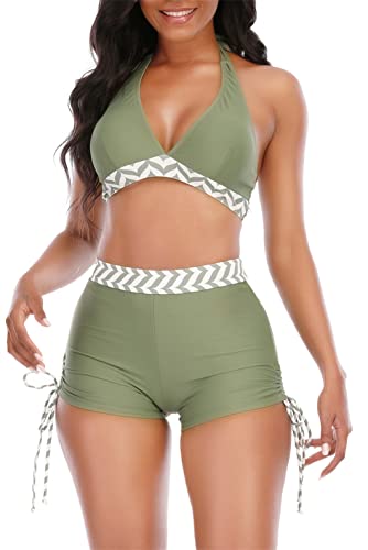 Womens High Waisted Swimsuits with Boy Shorts Brazilian Triangle Top Stripes Halter Bikini Two Piece Bathing Suits Green Medium