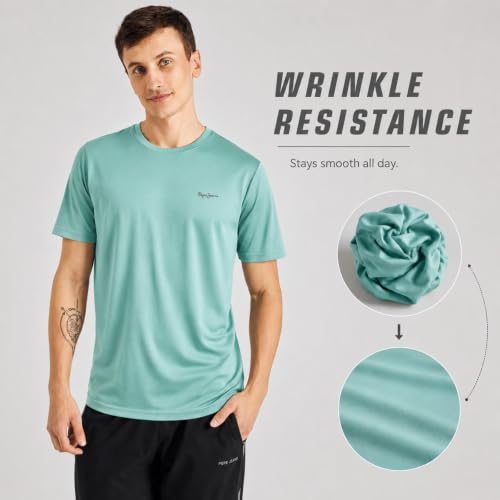 Image of Pepe Jeans Men's Solid Polyester Regular Fit T-Shirt | Lightweight Quick-Dry Athleisure Tee for Sports, Gym & Casual Wear | Moisture-Wicking Fabric | Round Neck | Short Sleeves | Active Comfort