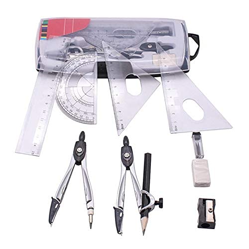 Kit di Geometria Matematica, Set di goniometro, Compasso, Gomma, Righello, Gomma per Disegno, plastica e Metallo, per Studenti