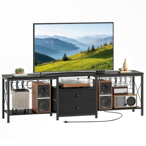 Image of YATINEY TV Stand with Power Outlet Up to 75 Inch, Entertainment Center with 2 Fabric Drawers, TV Console Table with Open Storage Shelves for TVs, Cable Management, for Living Room, Bedroom, DS18UBBY1