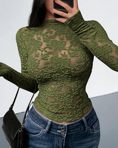 BTFBM Mesh Long Sleeve Tops for Women Lace Sexy Sheer Tight See Through Crew Neck Spring Fall 2026 Party Club Outfits