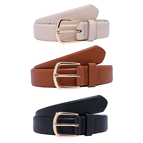 3 Pack Womens Belts Leather Belts for Jeans Pants Fashion Gold Buckle Ladies Dress Belt Black Brown Beige