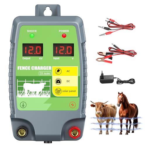 Tnamdan Dispositivo di recinzione elettrica 2J 10 km Gamma di controllo Energizzatore di recinzione elettrica impermeabile con display a LED 3 opzioni di alimentazione per agricoltori, allevatori