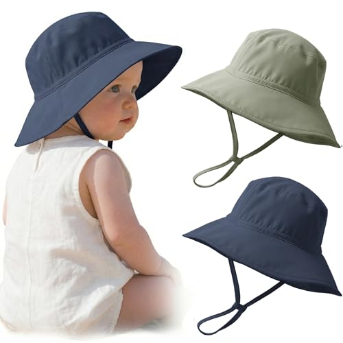 Konssy Baby Sun Hat 2 Pack, UPF 50+ Infant Bucket Hat, Summer Beach Hats with Wide Brim Adjustable Chin Strap, Soft-Lined