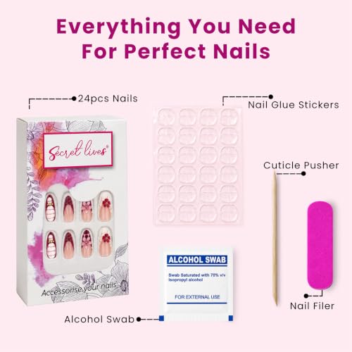Image of Secret Lives 2D White,Wine Flowers, Glossy Almond Fake Nails, French Tip & Gold Stone Accents Artificial Nail Art, 24-Piece Set with Kit