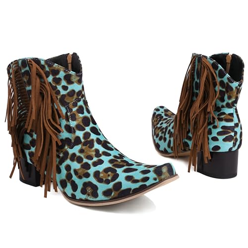 Caradise Womens Tassel Fringe Cowboy Boots Faux Suede Chunky High Heel Ankle Boots2