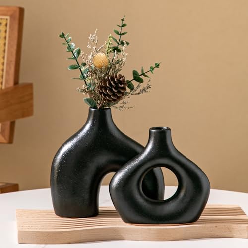 Zormon Ceramic Vase Set of 2, Black Pampas Grass Vases for Home Decor, Round Boho Vases for Flowers, Nordic Minimalism Style vase for Table Centerpiece Living Room Bedroom Shelf Decor