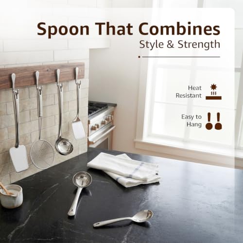 Image of Amazon Basics Stainless Steel Cooking Spoon Set 10 Pieces | Kitchen Utensil Set with Ladle, Turner, Strainer, Rice Spoon, Oval Spoon & Serving Spoons | Durable Food-Grade Steel | Rust Resistant | Easy to Clean | Hanging Design