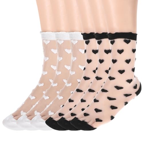 6 Pairs Network Sheer Socks Transparent Sheer Socks, Lace Women Fashionsheer Sock Ankle Ruffled Ultra Thin Cool See Sock Cute Heart Thin Mesh Lace Black and White Mesh Sockes for Women(Black, White)