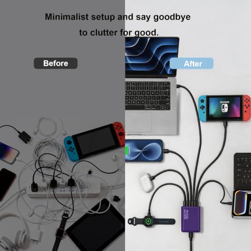 Image of 165W Charging Station, 6 Port Desktop Charger, 3 Ports 40W Purple | Multi-Device Charger, 3 PD USB C 40W and 3 15W USB A, Compatible with iPhone, Galaxy, MacBook, Tablets, Home Office, Travel