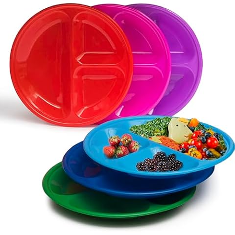Klickpick Home - Set Of 12 With 3 Compartment Divided Plates for Kids Plastic Children Trays for Eating with 6 Bright Colors - 2 of Each Color Dishwasher Microwave Safe BPA Free for Toddlers Cover