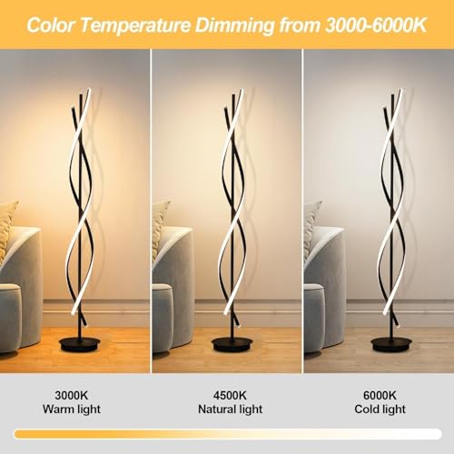 Image of Decor Chronicle Contemporary Floor Lamp, Black Finish with Spiral Rods, 3-Mode LED Light (Warm /Natural /Cool), Modern Standing Lamp for Bedroom, Living Room, or Corner Decor