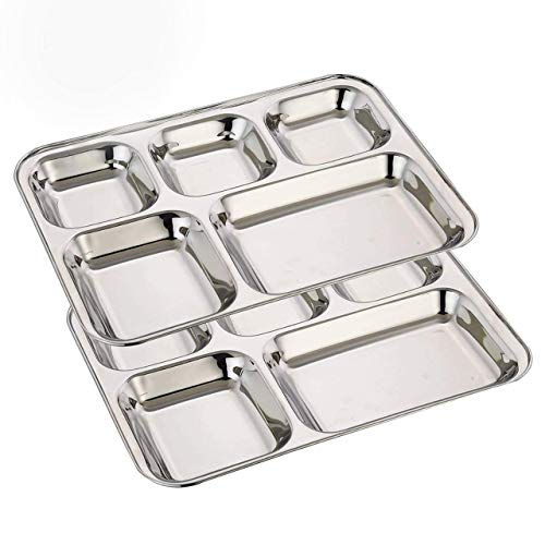 WhopperIndia Heavy Duty Stainless Steel Rectangle/Square Deep Dinner Plate w/5 Sections Divided Mess Trays for Kids Lunch, Camping, Events & Every Day Use 34 cm each - Set of 2 Pcs
