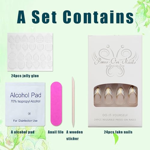 Pureglow Co Medium Press On Nails French Almond Fake Nails Gold Butterfly False Nails Tip With Lines Designs Acrylic Nails Nude Pink Glue On Nails Reusable Artificial Nails Cute Stick On Nails For Women 24Pcs thumb #5