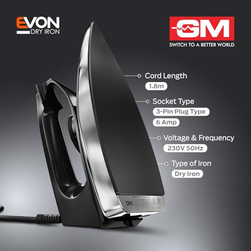 Image of GM Evon 750 Watt Dry Iron for Wrinkle-Free Ironing - Black