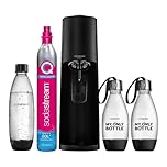 SodaStream Terra Pack - Máquina Gasificadora de Agua Color Negro, Incluye 1 Botella Fuse de 1L 2 Botellas Fuse de 0,5L y 1 Cilindro de Gas Color Rosa, Para Preparar Hasta 60L de Agua con Gas