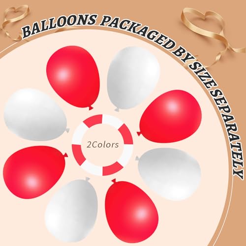 Image of 412Pcs Red and White Balloon Garland Arch kit, 18 12 10 5 Inch Different Size Red White Latex Balloons for Graduation Birthday Wedding Party Valentine's Day Decoration