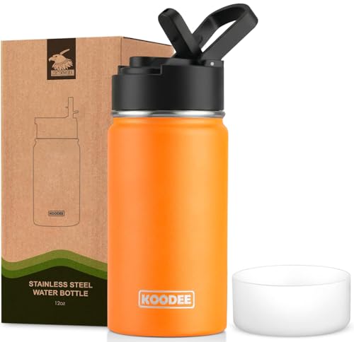 Image of koodee Water Bottle with Straw-12 oz Stainless Steel Double Wall Vacuum Insulated Wide Mouth Flask Metal Sports Water Bottle BPA Free (Mango Yellow)