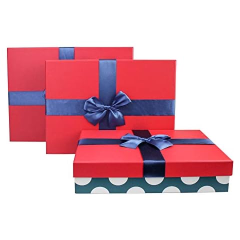 Conjunto de 3 Cajas de Regalo Emartbuy con Lunares Azul, Tapa Rosa y Cinta de Raso Cover