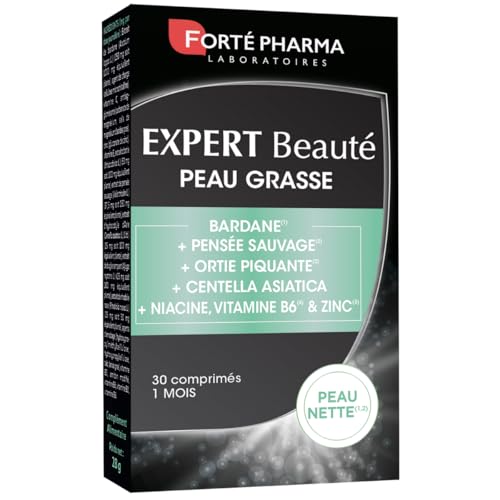 Forté Phama - Expert Beauté Peau Grasse - Complement alimentaire peau sensible, terne - Acide hyaluronique, Collagene marin, Vitamine B3 (Niacine), Vitamine E, Zinc - 30 comprimés, 1/jour