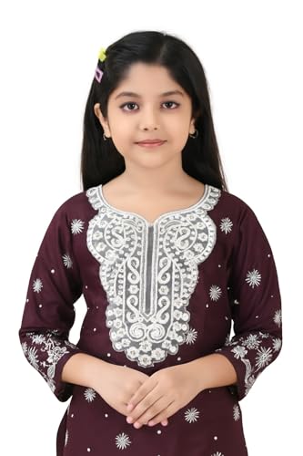 Image of Girls Traditional Rayon Salwar Suit Set with White Embroidery, 3-Piece Ethnic Wear with Lace Detail and Floral Pattern