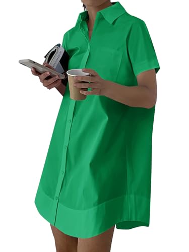 Image of Rooscier Women's Button Down Casual Shirt Dress, Solid Grass Green, XS