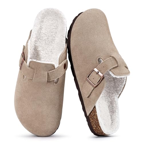 KIDMI Women's Fur Lined Suede Clogs Fuzzy Cork Footbed Mules Slip On Winter Potato Shoes, Taupe 40 (Size 8.5-9)