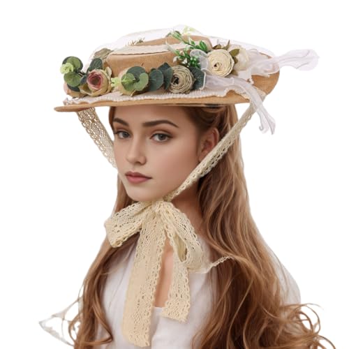 CAMDOM Victorian Womens Tea Party Sun Hat Lolita Bows Florals Flat Straw Hats Style-01