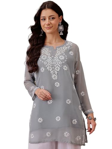 Image of Ada Women's & Girl's Georgette Hand Embroidered Lucknow Chikankari Regular Fit Short Kurti Top with Slip A911300