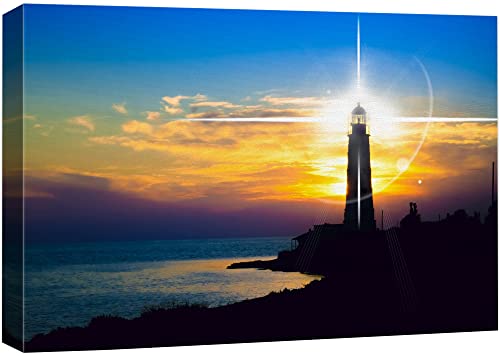 Wall26 Canvas Print Wall Art Shining Lighthouse At Sunset On The Coast Marine Life Ocean Photography Realism Nautical Scenic Relax/Calm Multicolor For Living Room, Bedroom, Office - 12"X18" #TOP8
