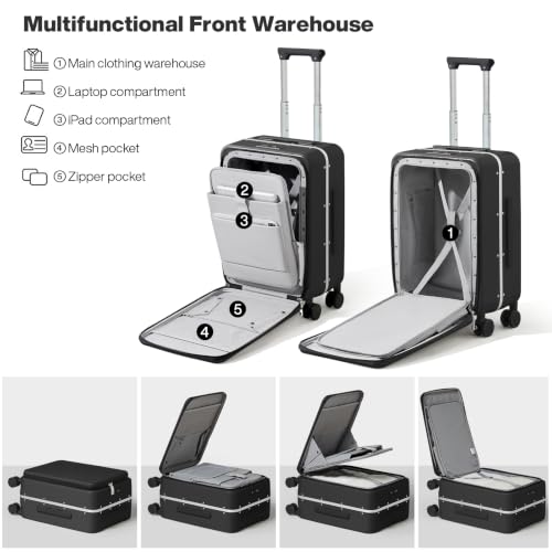 Image of mixi Luggage Suitcase with Spinner Wheels, Carry On Luggage with Laptop Pocket,18 /20 /24 Inch Travel Luggage Aluminum Frame PC Hardside with TSA Lock & Cover, Black Hollow Wheel, 20-inch