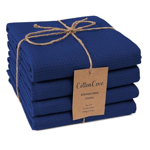 CottonCove Waffle Kitchen Towels Large 16x26 inch 100% Cotton Set of 4 - Soft Absorbent Washable Tea Towel for Kitchen - Dish Cloths Quick Drying - 320 GSM Quality Dish Towel Blue