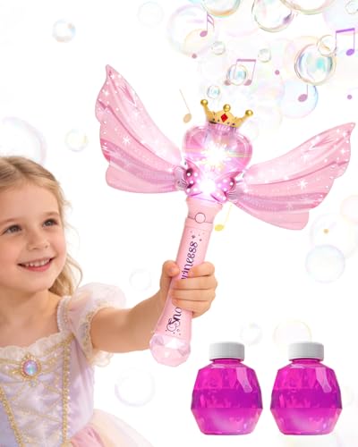 Toys for 3-8 Year Old Girls: Magic Wand Bubble Machine for Kids Light-Up Bubble Maker with Music Automatic Bubble Blower Toy for Girls Boys Outdoor Garden Party Birthday Gift (Not Battery Included)