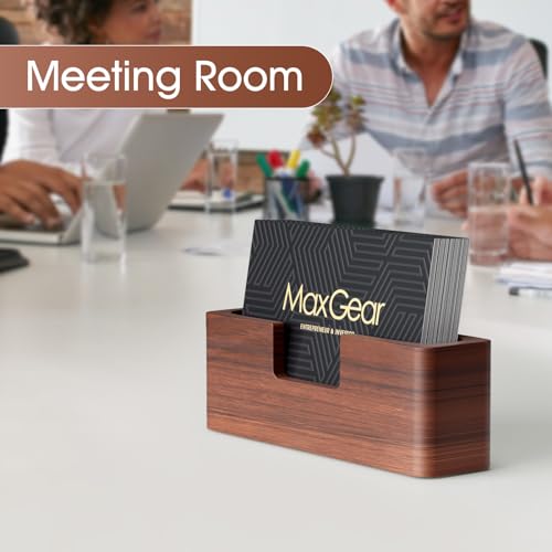 MaxGear Walnut Wood Business Card Holder for Desk, Elegant Wooden Display Stand, Curved Office Card Organizer, Professional Desktop Stand for Business Cards, 2 Pack