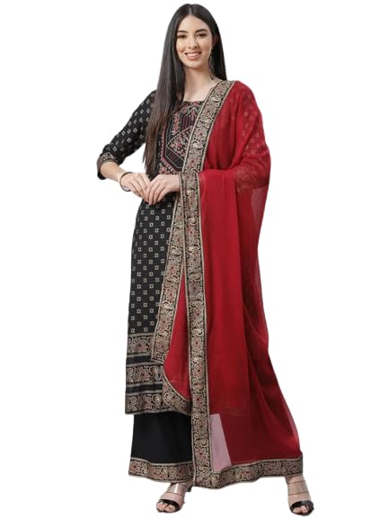 Trend Matters Women Black & Red Ethnic Motifs Print Kurta with Palazzos & Dupatta
