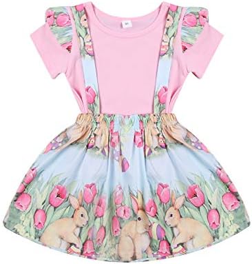 Toddler Kids Baby Girls Easter Outfits Ruffle Short Sleeve T-Shirt Top + Bunny Print Suspender Strap Skirt Outfit Overall Skirt Set (Pink, 12-18 Months)