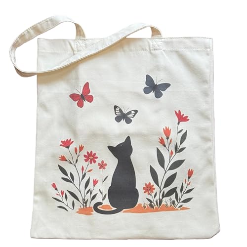 Aesthetic Tote Bag for Women Reusable Grocery Bags for Vacation, Shopping, Travel, Beach Cat Butterfly Garden-03