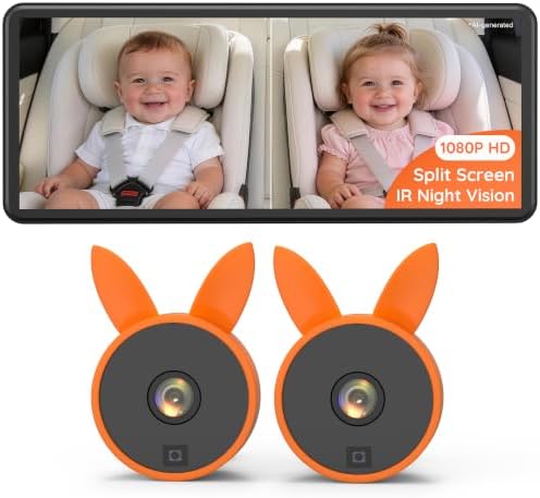 Babyvue BV3 Dual Car Camera Baby Monitor, 7.2" 1080P HD for 2 Kids, Split Screen with IR Night Vision, Easy Setup & Adjustable Brightness, Rear Facing View for Kids & Pet Safety